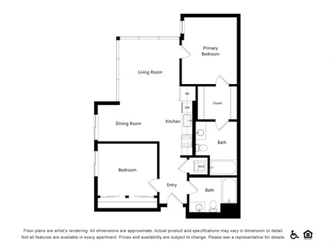 Floor plan for 2 beds, 2 baths, 971 sqft